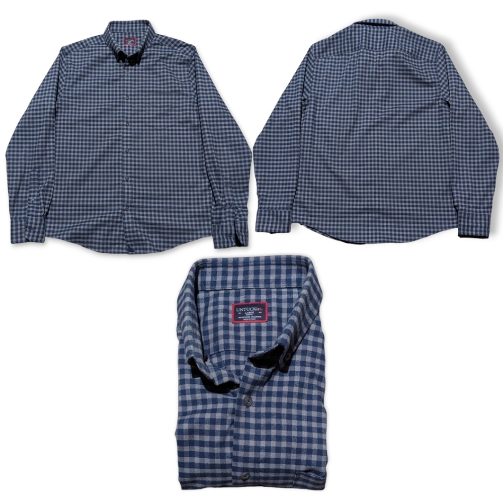 Untuckit Mens L Long Sleeve Button Down Slim Navy Blue Gray Gingham Shirt EUC